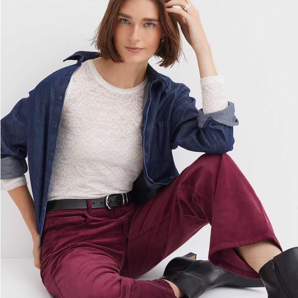 LOFT Floral Lace Long Sleeve Crew Neck Tee